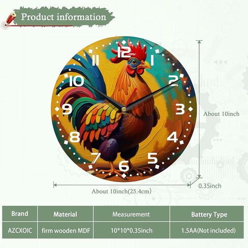 Chicken Wall Clocks,Rooster Oil Painting Wall Clock Decorative,Chicken Kitchen Wall Clock Battery Operated - 10 Inch Round Bathroom Wall Clocks Silent Non-Ticking in Saudi Arabia