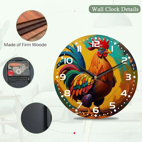 Chicken Wall Clocks,Rooster Oil Painting Wall Clock Decorative,Chicken Kitchen Wall Clock Battery Operated - 10 Inch Round Bathroom Wall Clocks Silent Non-Ticking in Saudi Arabia
