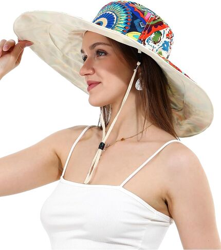 Womens Wide Brim Sun Hat Reversible Print UV Protection Oversized Beach Cap Travel UPF 50+ in Saudi Arabia