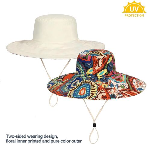 Womens Wide Brim Sun Hat Reversible Print UV Protection Oversized Beach Cap Travel UPF 50+ in Saudi Arabia