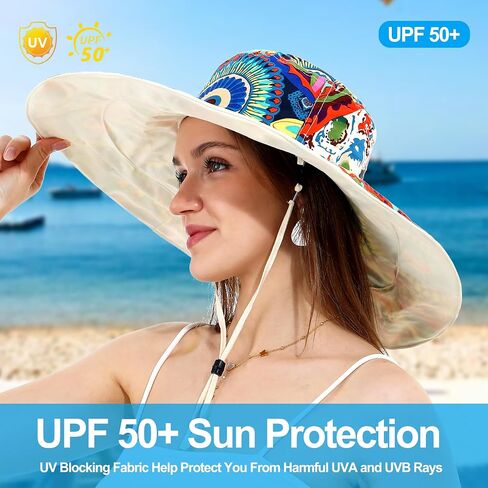 Womens Wide Brim Sun Hat Reversible Print UV Protection Oversized Beach Cap Travel UPF 50+ in Saudi Arabia