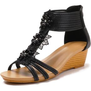 Wedge Sandals for Women Summer Open Toe Fashion Dress Shoes Flower Rhinestone Casual Ankle Strap Platform for Walking Beach Vacation Comfortable Dressy Sandals