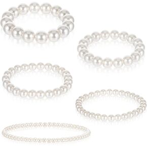 5 Pcs Faux Pearl Bracelets for Women, White Stretchy Pearl Bracelet for Bridesmaids Beaded Bracelets Wedding Tackable Bracelet for Women Bridal Party