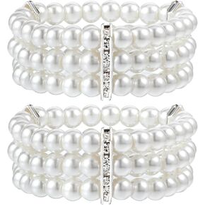 2 PCS Pearl Bracelets for Women, Multilayered Pearl Stretch Bracelets, 3 Rows White Faux Pearls Wrist Bracelet Set for Wedding Party Gift Daily Wear