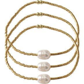 Dainty 3PCS/Set Pearl Gold Plated Beaded Stretch Bracelet Set for Women,Handmade Elegant Irregular Pearl Stackable Bracelet Fashion Prom Jewelry Gift Mom