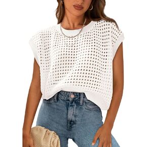 Crochet Cap Sleeve Tops for Women Beach Cover Ups Summer Sweater Crochet Vest Cute Pullover Spring Knit Tank Tops