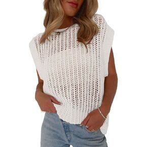 Fisoew Womens Crochet Tops Cap Sleeve Crew Neck Summer Sweaters Lightweight Hollow Out Beach Cover Ups White