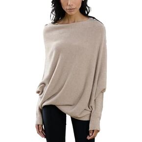 Women's Sexy Off Shoulder Asymmetric Draped Jumper Batwing Sleeve Loose Pullover Long Sleeve Sweaters Tops