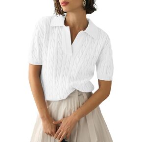 Women's Short Sleeve Pullover Sweaters Casual 2025 Summer Tops Cable Knit Solid Lapel V Neck Sweater