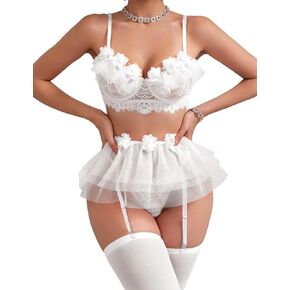 Floral Lace Underwire Garter Lingerie Set Mesh Mini Skirt Babydoll Chemise With 1 Pair Stocking