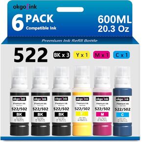 522 Ink Refill Bottles ET-2800 ET-4800 ET-2400 ET-2803 T522 Ink (20.3 Fl Oz) Replacement for epson Ecotank ET-2720 ET-2840 ET-4700 ET4800 ET-4810 Eco Tank Printer (6 Pack, 600ml) Black Color