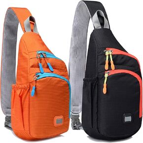 Peicees Small&Medium Sling Backpack Waterproof Unisex Shoulder Bag Chest Crossbody Daypack, Pack of 2 Small Orange & Medium Black