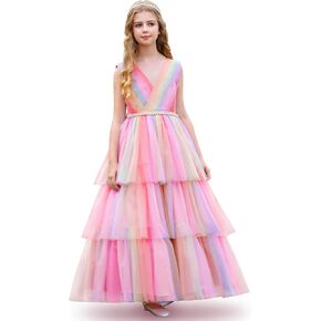 IDOPIP Flower Girls Tulle V-Neck Bowknot Dress for Kids Long A Line Wedding Pageant Dresses Princess Birthday Party Ball Gown