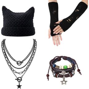 4PCS Therian Stuff Y2K Clothes,Therian Gloves,Knitted Headband Hat,Y2K Fairy Grunge Bracelet,Grunge Necklace,Therian Accessories Christmas Cosplay Party Jewelry Gift for Women