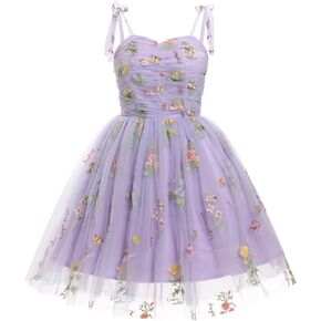 Sleeveless Spaghetti Strap Short Homecoming Dresses for Teens Flower Embroidery Tulle Dress for Women Floral Fairy Dress