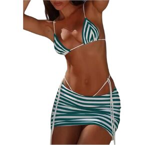 Verdusa Women's 3 Piece Striped Halter Bikini Set Tie Back Swimsuit with Cover Up Skirt