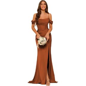 Clothfun Off Shoulder Satin Bridesmaid Dresses Long Mermaid Corset Prom Dress for Women Formal Gown with Slit