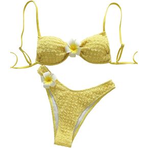 GORGLITTER Women's 3D Floral Swimsuit Frill Trim High Leg Tie Back Bikini Sets Bathing Suit