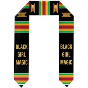 Black Girl Magic Graduation Mall Plain Graduation Honor Stole Kente Black With Gold Trim Unisex Adult 72" Long