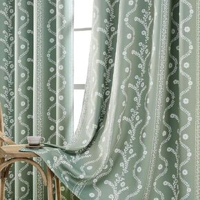 Blackout Curtains for Bedroom, Boho Sage Green Floral Curtain 84 Inch Length 2 Panels, Vintage Farmhouse Printed Patterned Curtains Tassels Country Drapes