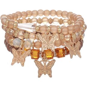 COLORFUL BLING 4-5Pcs Adjustable Cute Butterfly Stackable Stretch Bracelet Multilayer Bohemian Crystal Beads Strand Wrap Bracelet Statement Jewelry Gifts for Women