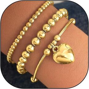 Layered Gold Heart Beaded Bracelets Set for Women Stackable Stretch Beads Bangles Adjustable Round Balls Bracelets Jewelry Accessories