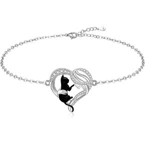 Black Cat Anklet Heart Cat Ankle Bracelets for Women 925 Sterling Silver Cat Anklets for Cats Lover Gifts