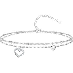 S925 Silver Double Layer Heart Anklet for Women Dainty Ball Station Layared Anklet Chain for Women Gift Adjusatble Long Ankle Chain