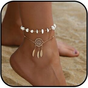 Gold Boho Beach Anklet for Women Natural Stone Dreamcatcher Feather Ankle Bracelet Layered Leaf Tassel Pendant Anklet Summer Vintage Western Shell Bracelet Hawaiian Beach Foot Jewelry