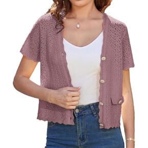 GRACE KARIN Womens Cardigan Summer 2025 Cropped Lightweight Short Sleeve Hollowed-Out Bolero Shrug Knit Sweaters