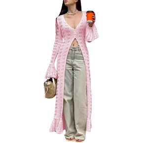 LETSVDO Womens Long Crochet Cardigan Bell Sleeve Ruffle Knit Hollow Out Lightweight Duster Sweater Beach Cover up Dress
