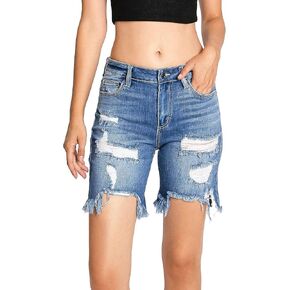 Cello Clothing Women's Juniors High Rise Distressed Denim Bermuda Shorts (Medium Denim, Small)