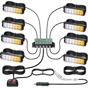 EYPINS LED Strobe Lights Kit - 8×12LED Surface Mount Emergency Hazard Warning Flashing Strobe Lights for 12-24V Truck Car, Amber/White, IP65, 14 Strobe Modes, Memory Funtion