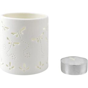 Homeford Dragonfly Ceramic Cylinder Tea Light Candle Holder, 2-3/4-Inch - White