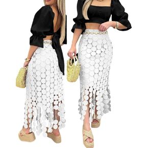 CHICME Womens Beach Dress Vocation Midi Skirt Hollow-Out Boho Tassel Over-Knee Long Skirt