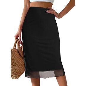 Avanova Women Mesh Knee Length Skirt High Waisted Elastic Summer Straight Midi Skirts