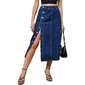 Flamingals Women's Jean Skirts Summer Trendy Casual Mid Waist Button Fly Split Midi Denim Skirt