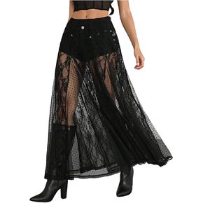 Verdusa Women's Contrast Lace Sheer Long Skirts A Line Low Waist Flared Flowy Skirt