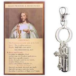 Holy Water Keychain with Cross and Catholic Mass Prayer Card with Responses – Catholic Gifts, Portable Holy Water Holder with Prayer Card – Baptism, First Communion