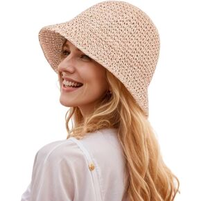 Womens Floppy Straw Sun Hat Packable Wide Brim Summer Beach Hat Foldable Crochet Bucket Hats