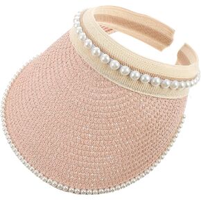 Women's Pink Wide Brim Sun Hat with Pearl Ornaments, Breathable Straw Visor for Summer, Spring, Autumn, Ideal for Cycling, Travel, Shopping