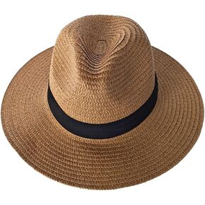 Straw Hat for Women Men, Wide Brim Summer Panama Hat with Band Roll up Sun Beach Fedora Cap