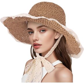 Women Straw Hat with Lace Girl Summer Wide Brim Sun Hat Foldable Beach Travel Roll Up Cap Elegant Crochet Straw Hat in Kuwait