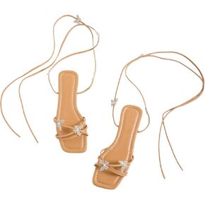 GORGLITTER Women's Sparkly Butterfly Lace Up Flat Sandals Criss Cross Strappy Tie Up Slide Sandals in Kuwait