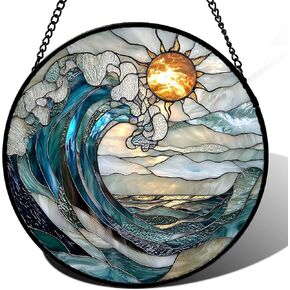 Stained Glass Window Hanging, Blue and White Waves Suncatcher Diamond Glass Panel Landscape Sun Catchers Decor for Birthday for Women, Men, Wife, Aunt, and Mom 7.8 in