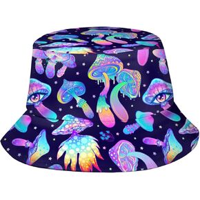 Mushroom Bucket Hats for Women Men Rave Festival Trippy Outfits Accessories for Women Summer Beach Sun Hat Packable Fisherman Cap Mushroom Gifts