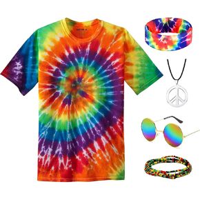5 PCS Hippie Costume for Men Women 60s 70s outfits Colorful Tie Dye T-Shirt Halloween Party Setcories