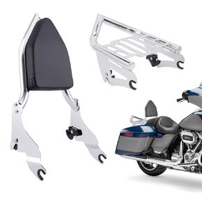 Motorcycle Sissy Bar Luggage Rack Kit for Harley Touring 2009-2024 Street Glide Road King Road Glide Electra Glide, Backrest + Rear Luggage Rack Combo (Chrome)