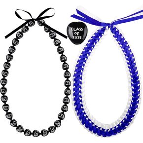 2 Pieces Class 0f 2025 Kukui Nuts Lei Necklace Graduation Ribbon Double Braided Necklace Ribbon Bow Closure Class of 2025 Grad Gifts for High School College Graduation Party Accessories