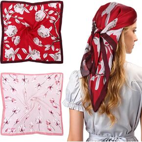 2PCS Square Head Scarf 27'' Large Satin Printed Hair Bandanas Scarf for Women Lightweight Neck Scarves Silk Feeling Bandana Scarves and Shawl Wrap for Sleeping Handbags Accessories - Red & Pink